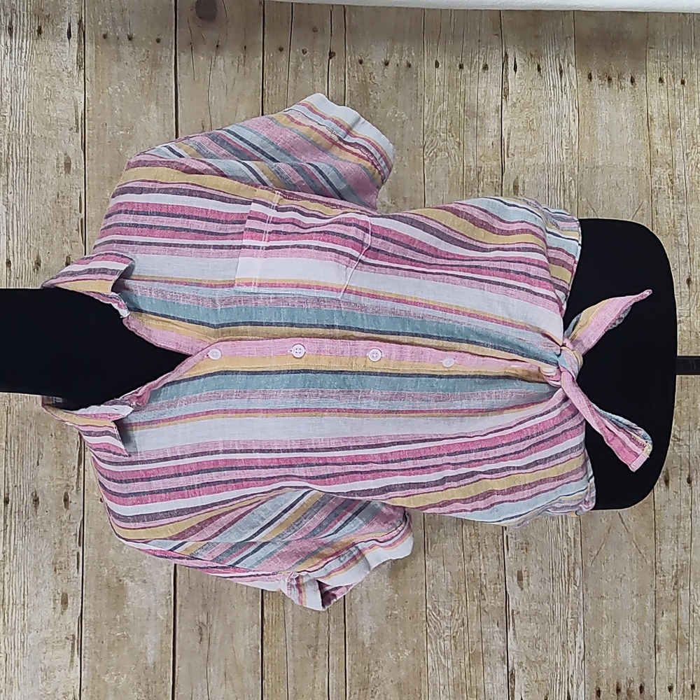 beachlunchlounge Striped Button-Front Tie-Hem Top in Pink, Yellow, Blue